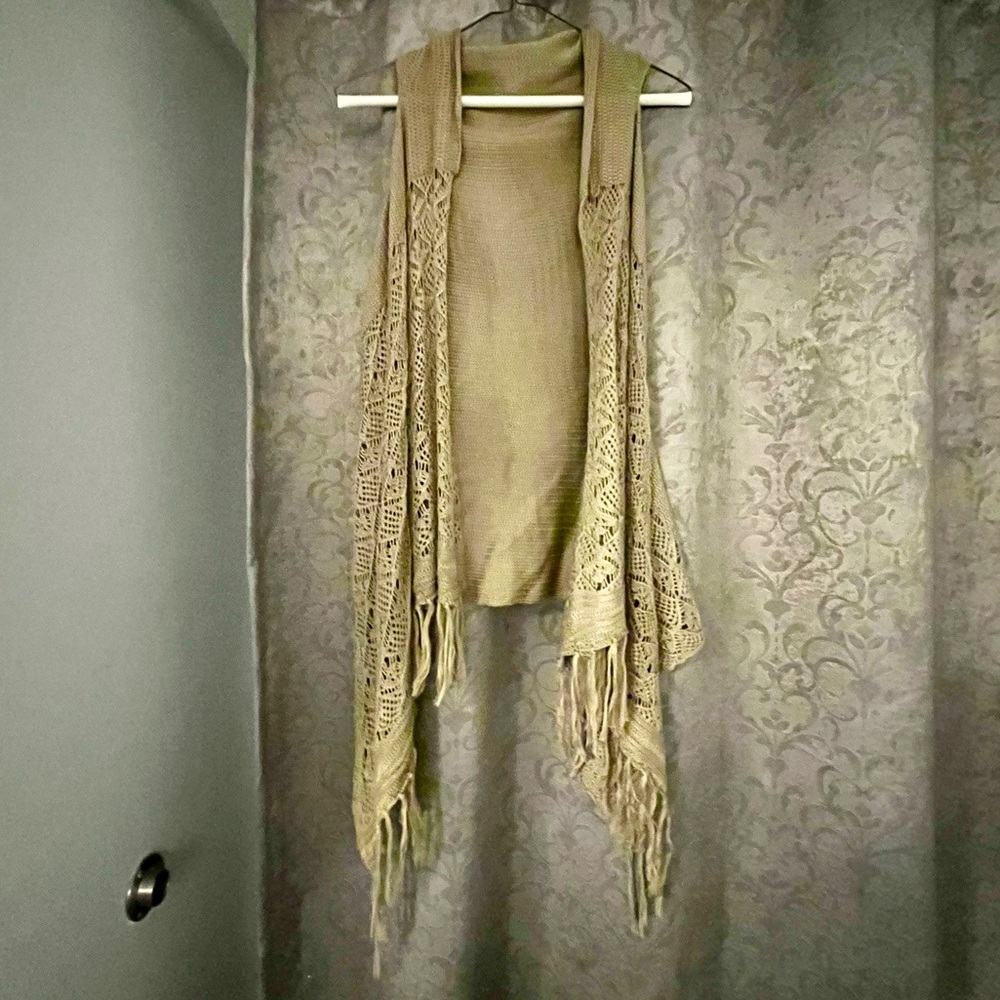Boho Fringe Open Cardigan Sweater Vest, Size Small, Olive/Beige